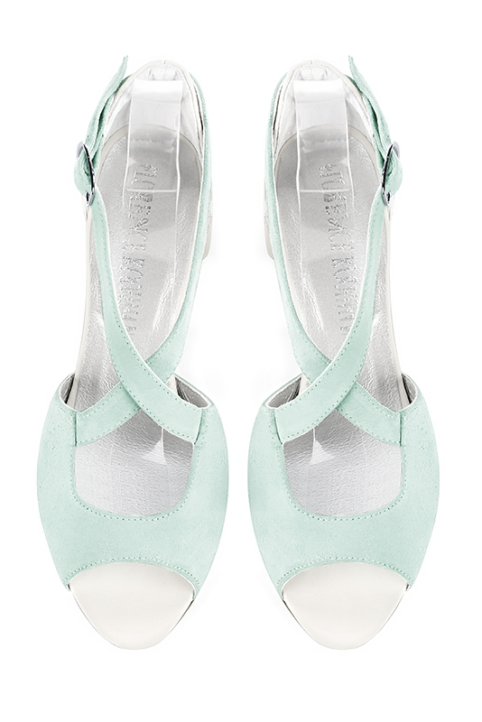 Aquamarine blue and off white women's closed back sandals, with crossed straps. Round toe. Low flare heels. Top view - Florence KOOIJMAN